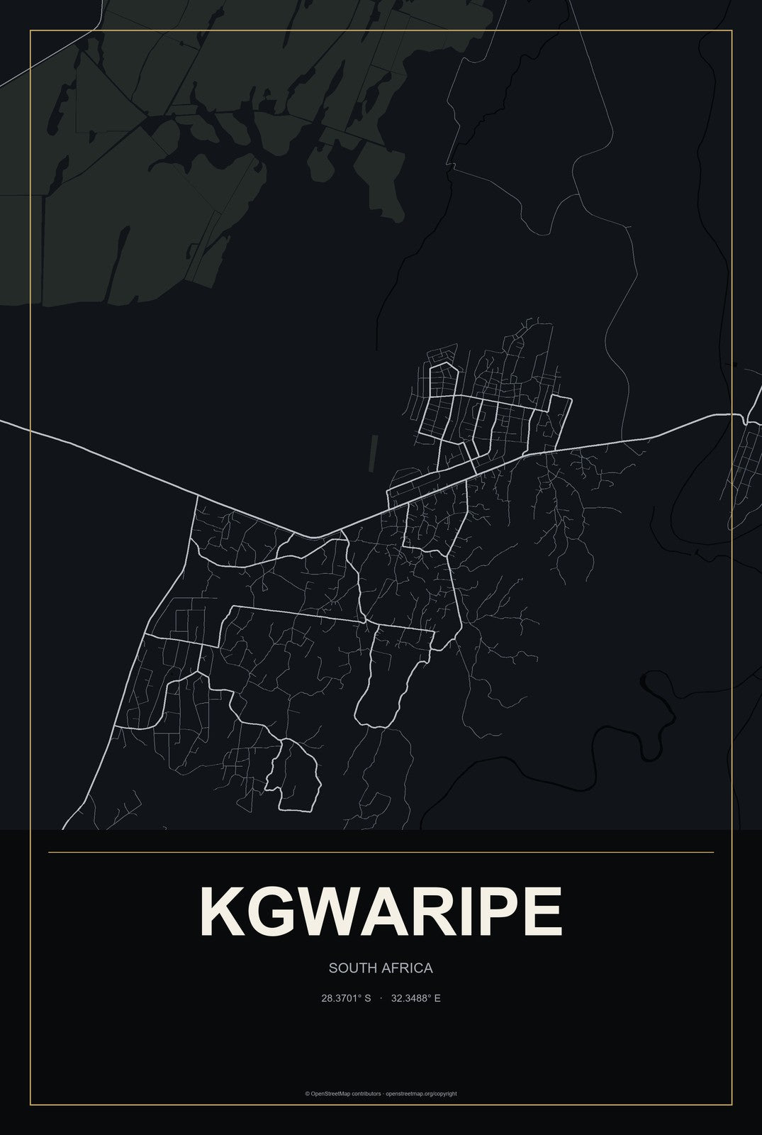 Kgwaripe, South Africa City Map Aluminum Sign in Metropolitan Noir style