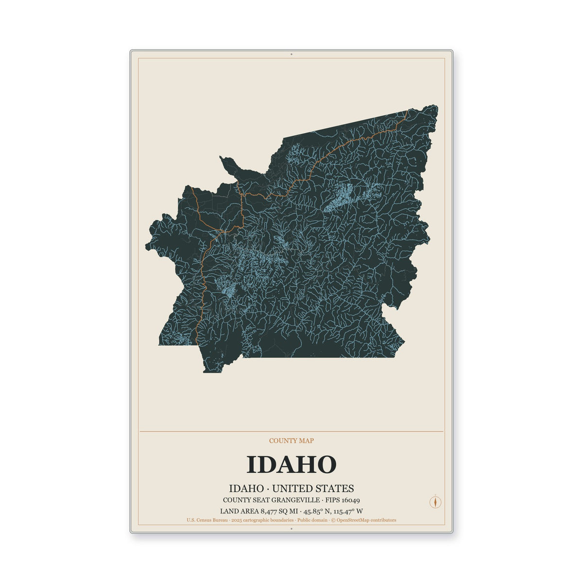 Idaho County, Idaho Map Aluminum Sign in Headline Atlas style
