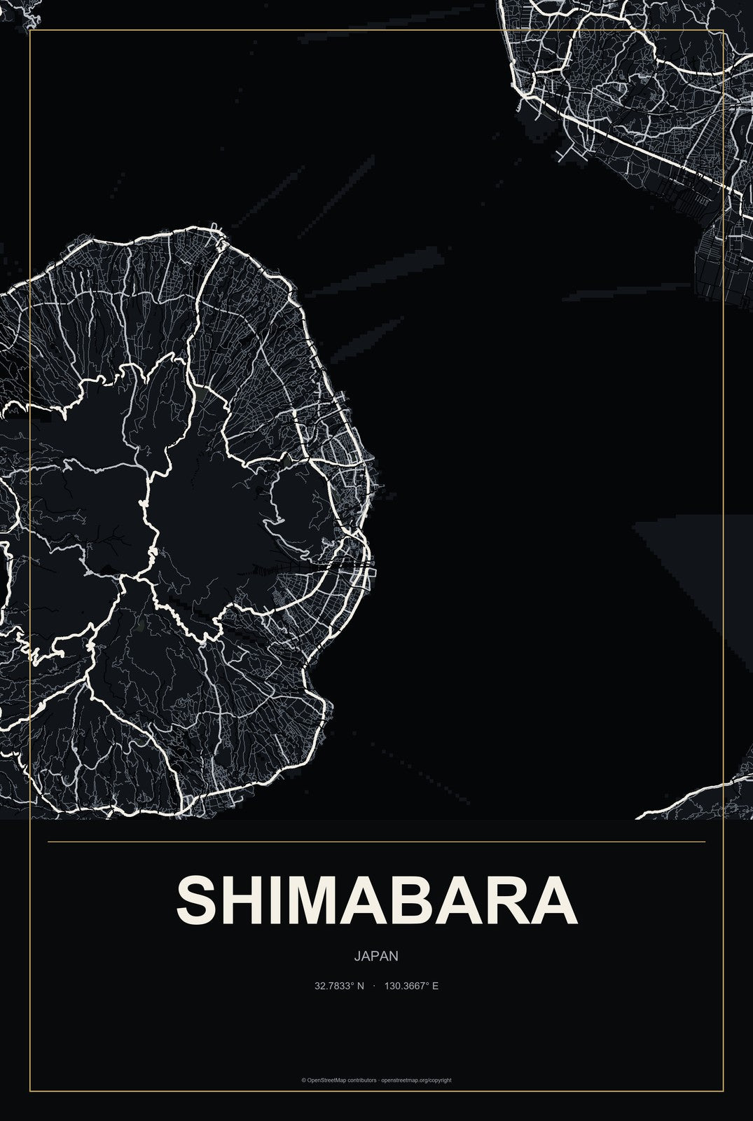 Shimabara, Japan City Map Aluminum Sign in Metropolitan Noir style