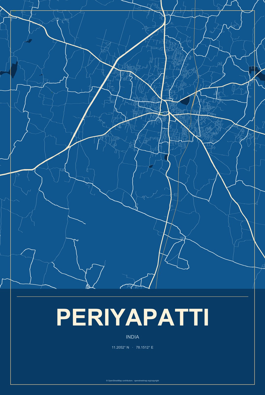 Periyapatti, India City Map Aluminum Sign in Harbor Cobalt style