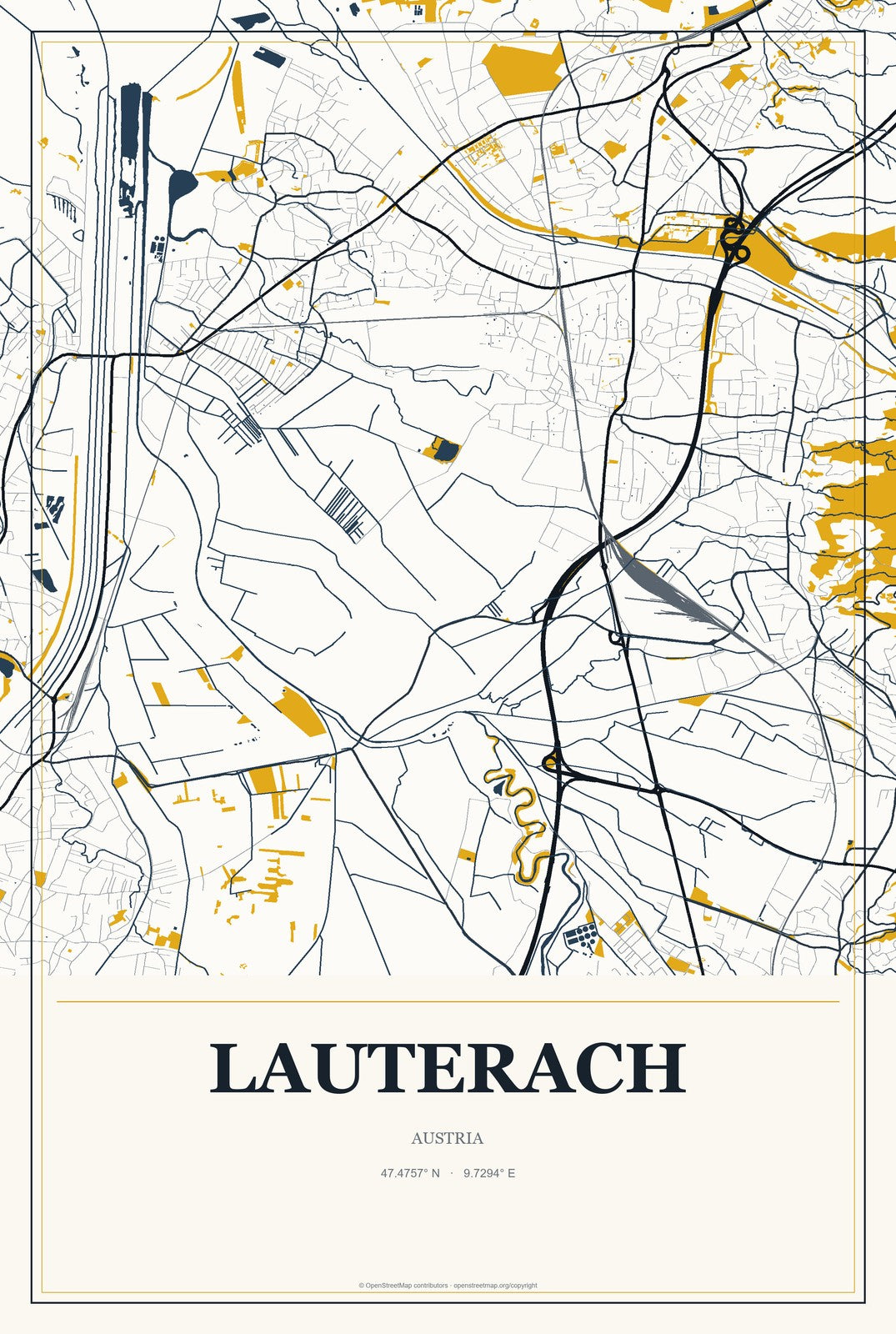Lauterach, Austria City Map Aluminum Sign in Citrine Modern style