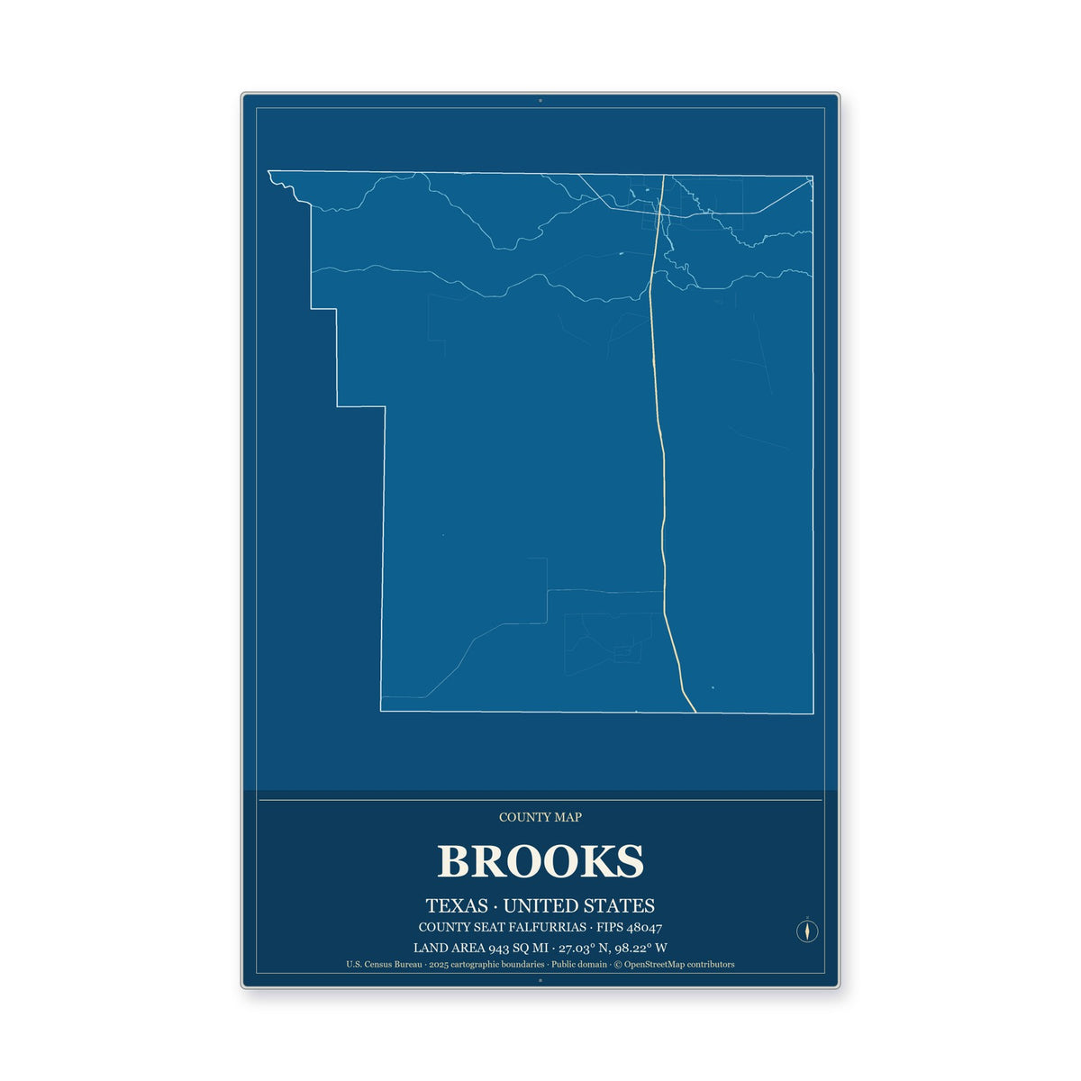 Brooks County, Texas Map Aluminum Sign in Harbor Cobalt style