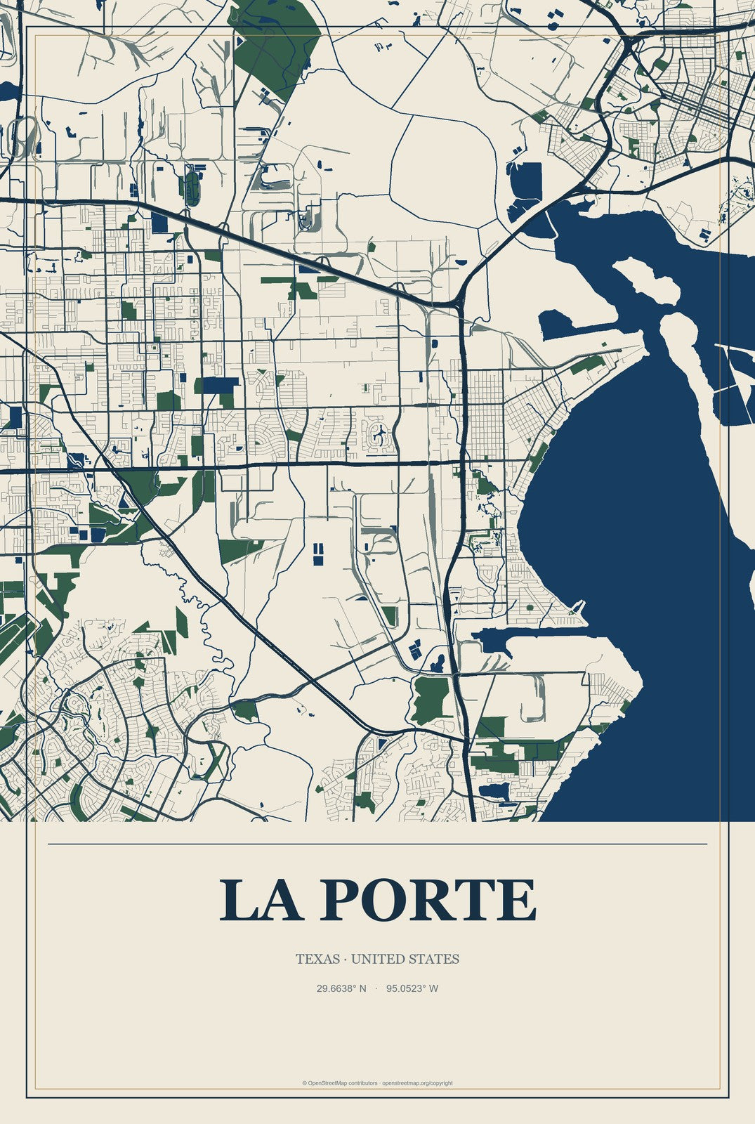 La Porte, Texas City Map Aluminum Sign in Coastal Cutout style