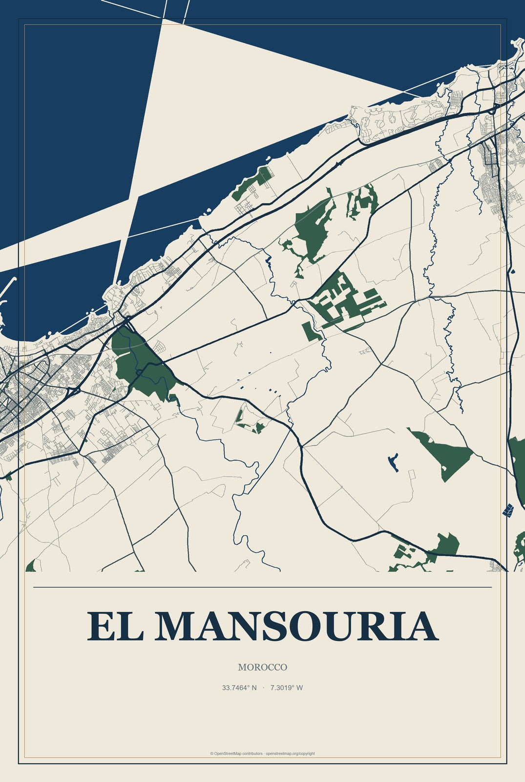 El Mansouria, Morocco City Map Aluminum Sign in Coastal Cutout style
