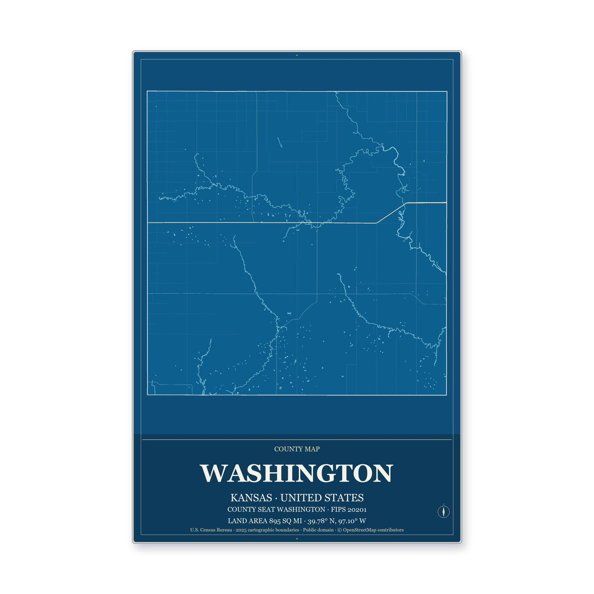 Washington County, Kansas Map Aluminum Sign in Harbor Cobalt style