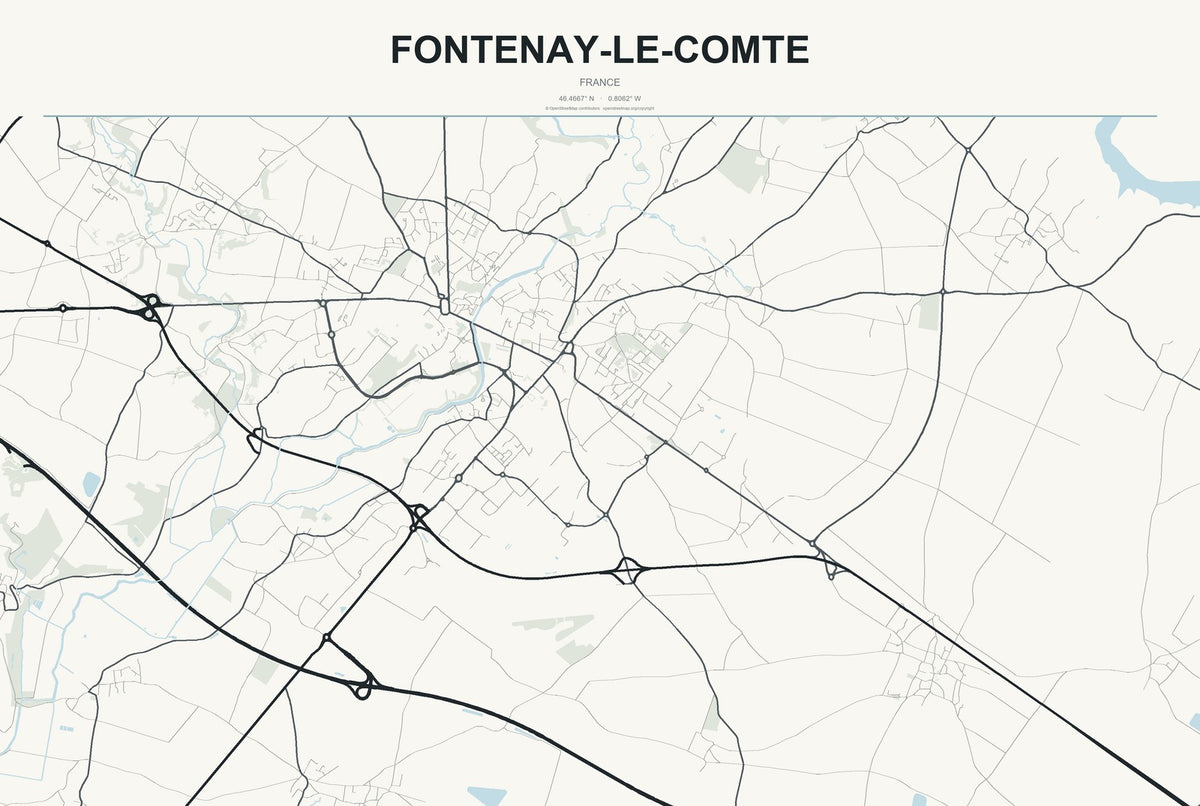 Fontenay-le-Comte, France City Map Aluminum Sign in Headline Atlas style