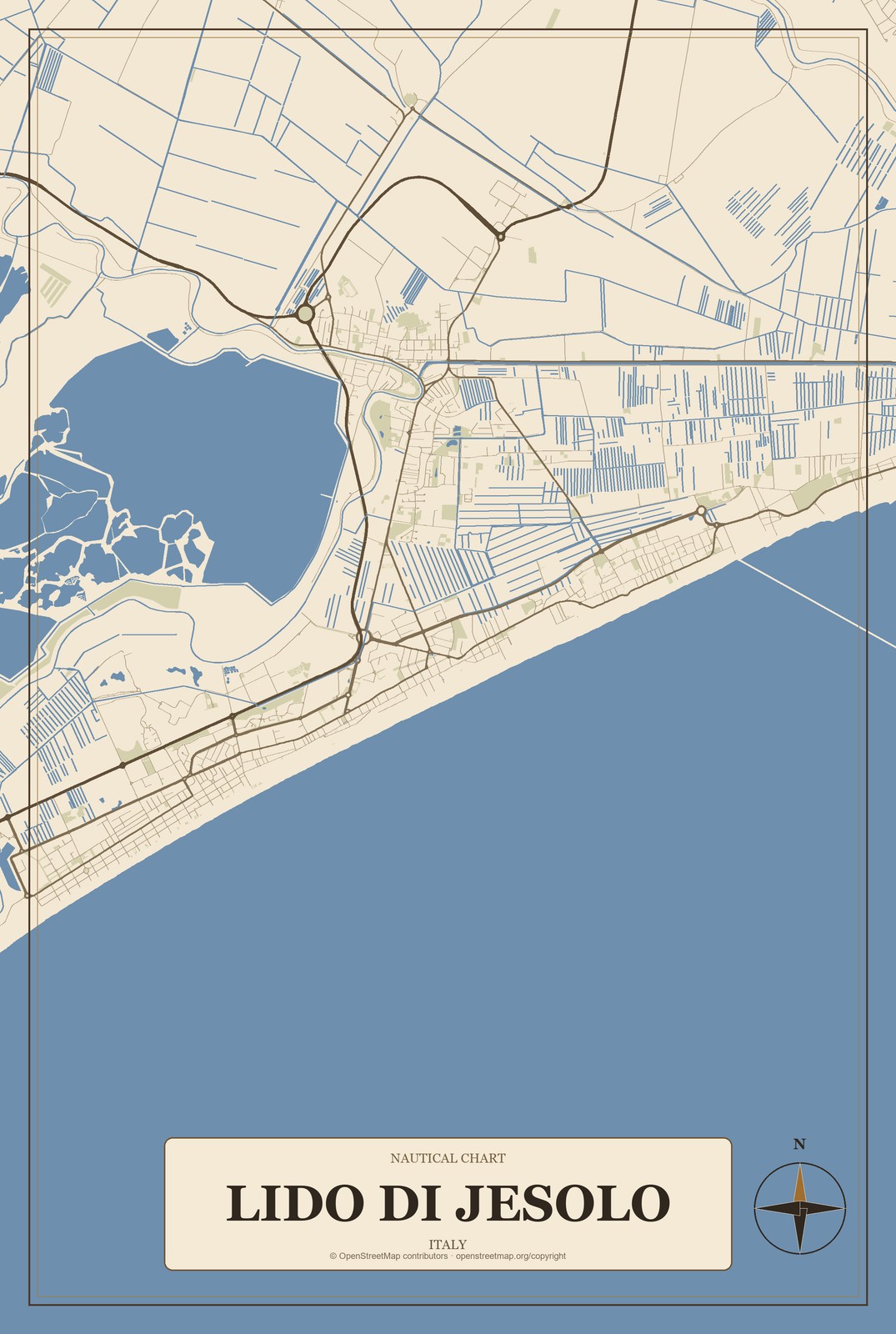 Lido di Jesolo, Italy City Map Aluminum Sign in Heritage Nautical style