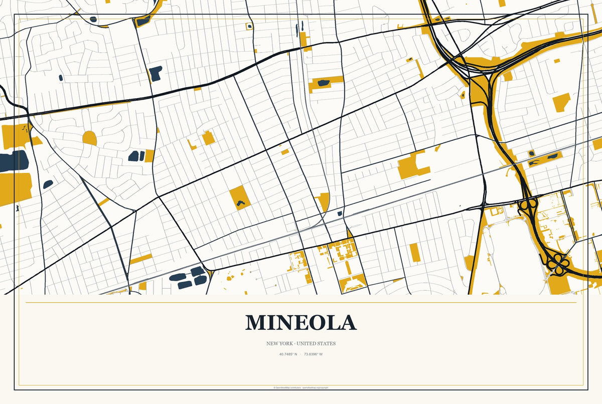 Mineola, New York City Map Aluminum Sign in Citrine Modern style