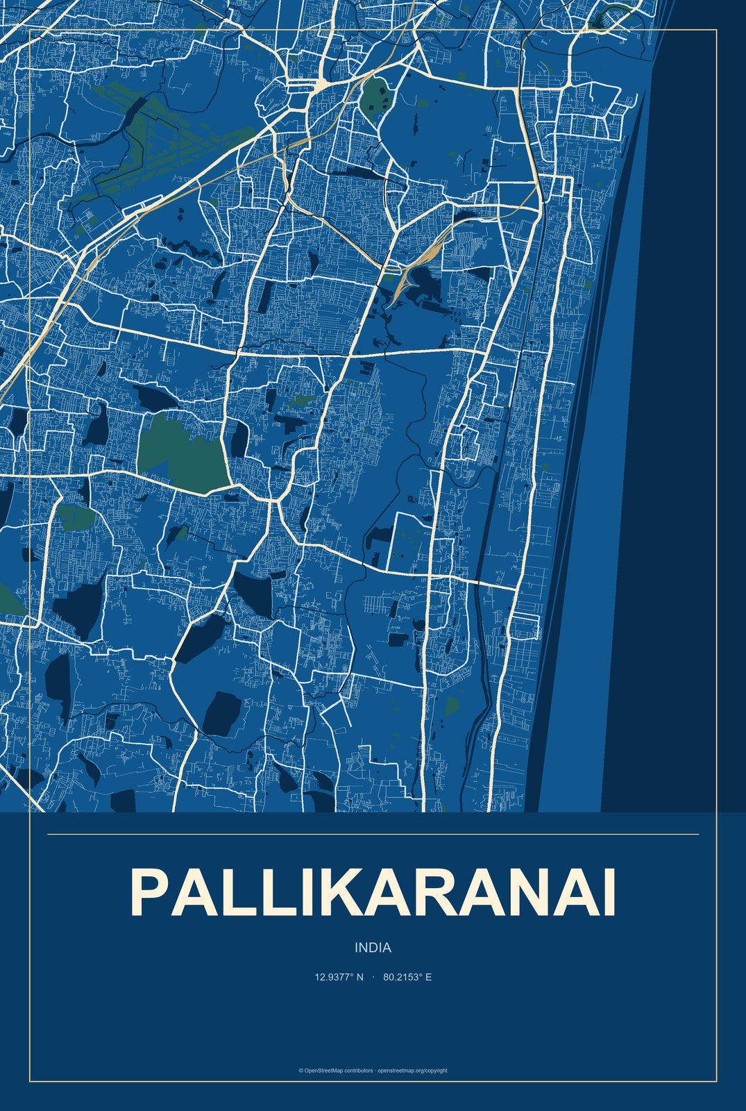 Pallikaranai, India City Map Aluminum Sign in Harbor Cobalt style