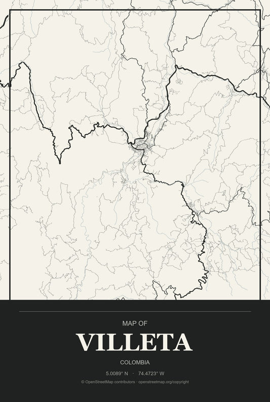 Villeta, Colombia City Map Aluminum Sign in Museum Plaque style