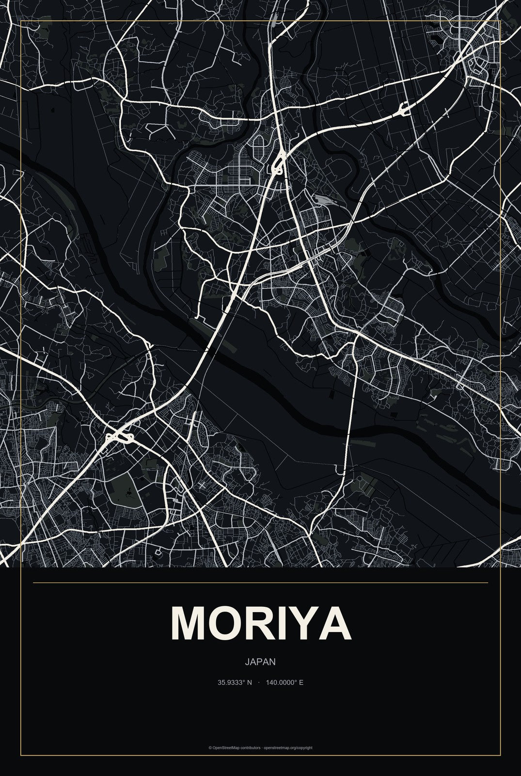Moriya, Japan City Map Aluminum Sign in Metropolitan Noir style