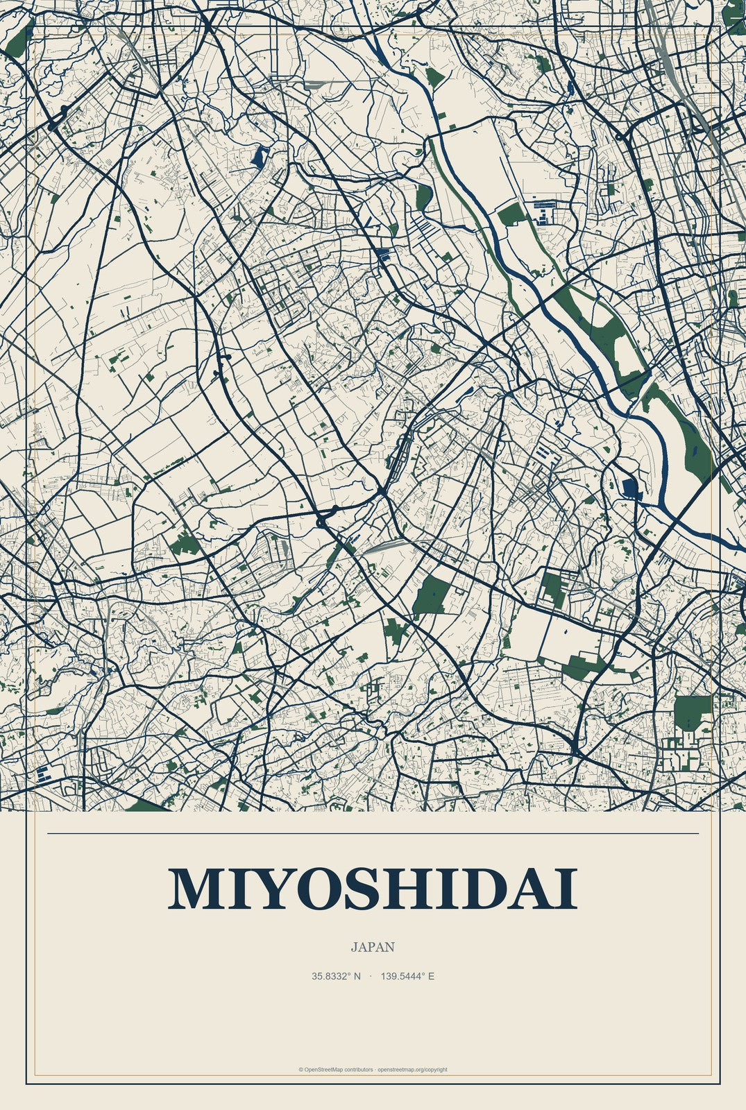 Miyoshidai, Japan City Map Aluminum Sign in Coastal Cutout style