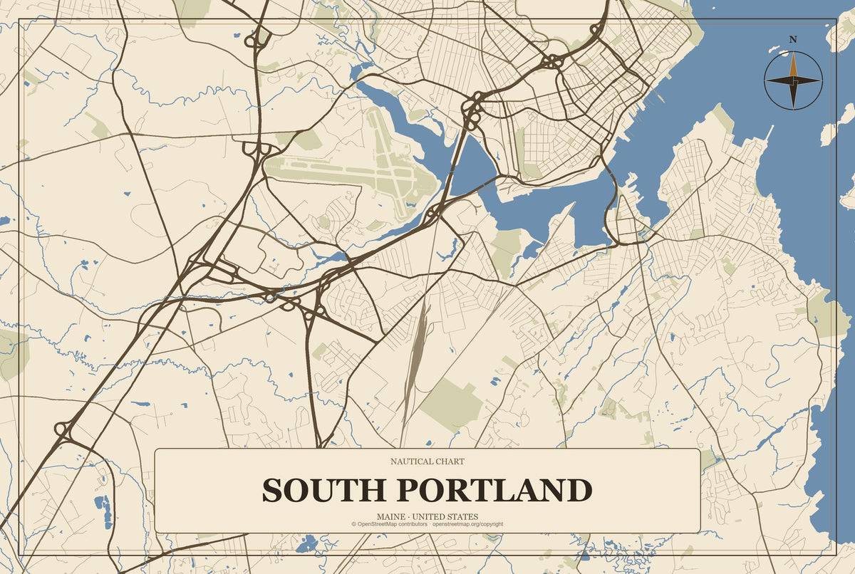 South Portland, Maine City Map Aluminum Sign in Heritage Nautical style