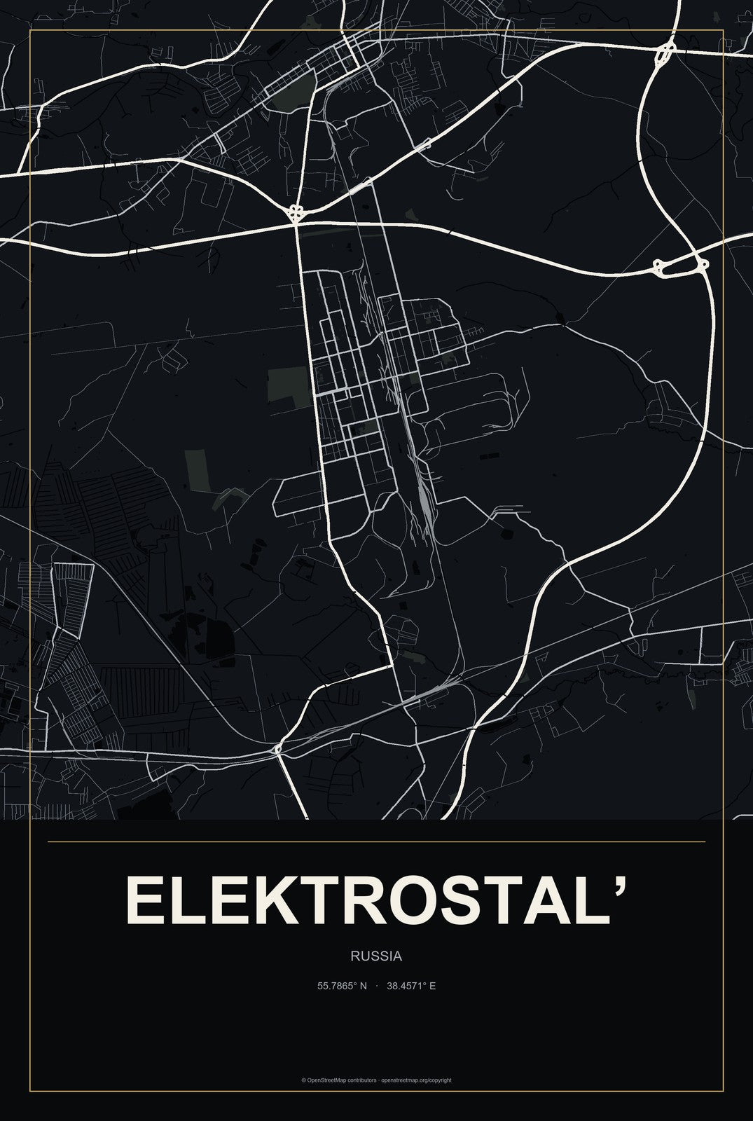 Elektrostal’, Russia City Map Aluminum Sign in Metropolitan Noir style