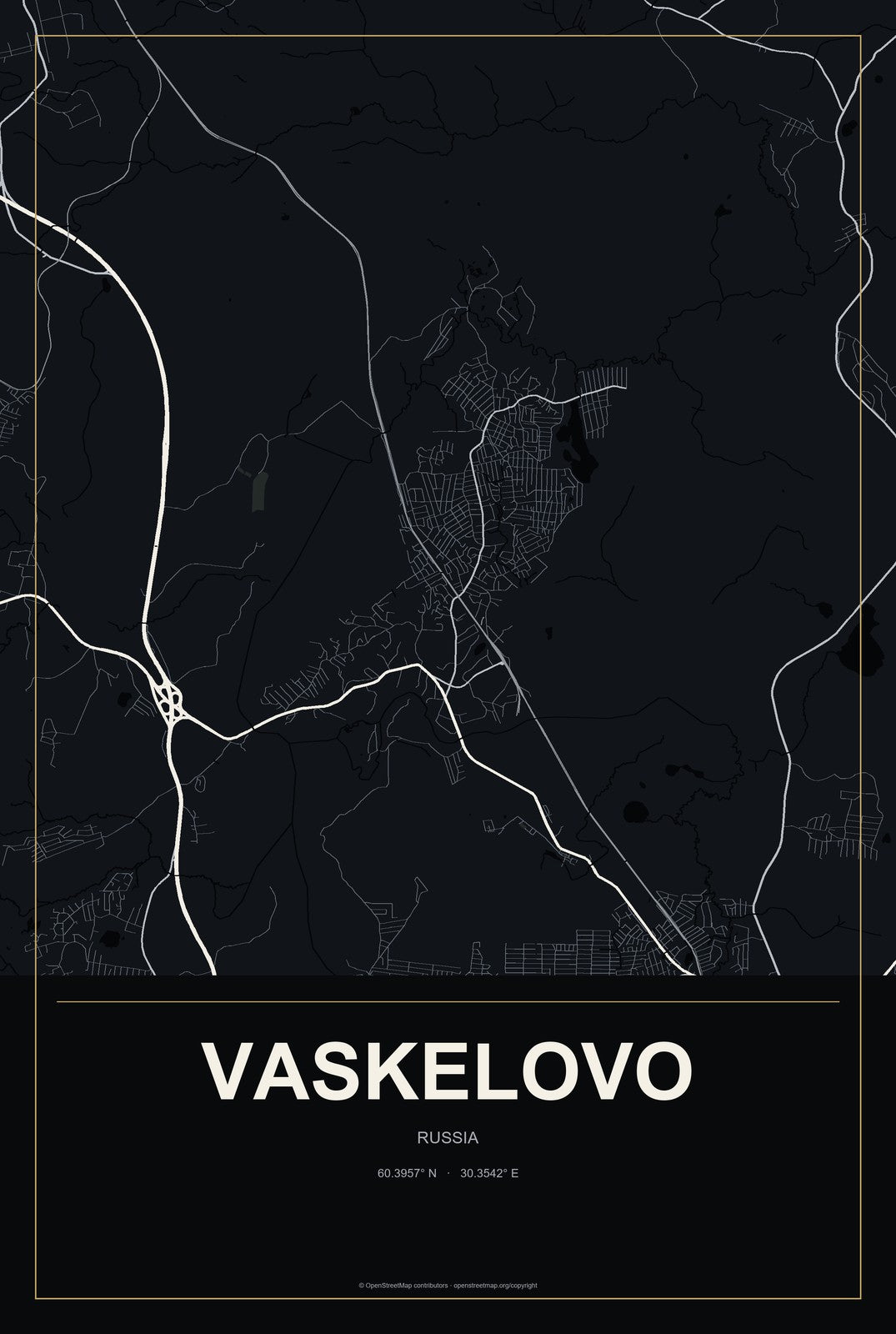 Vaskelovo, Russia City Map Aluminum Sign in Metropolitan Noir style