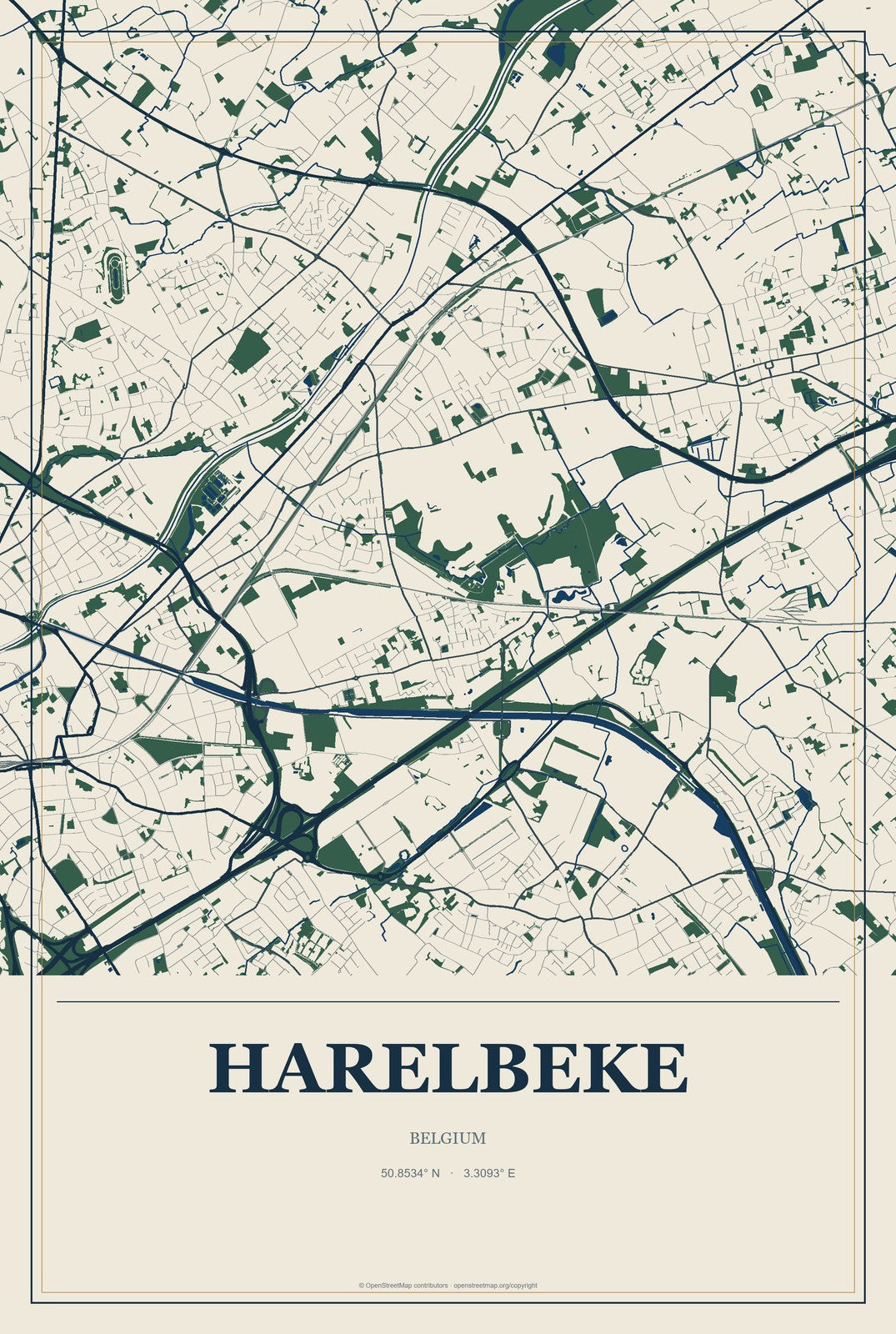 Harelbeke, Belgium City Map Aluminum Sign in Coastal Cutout style