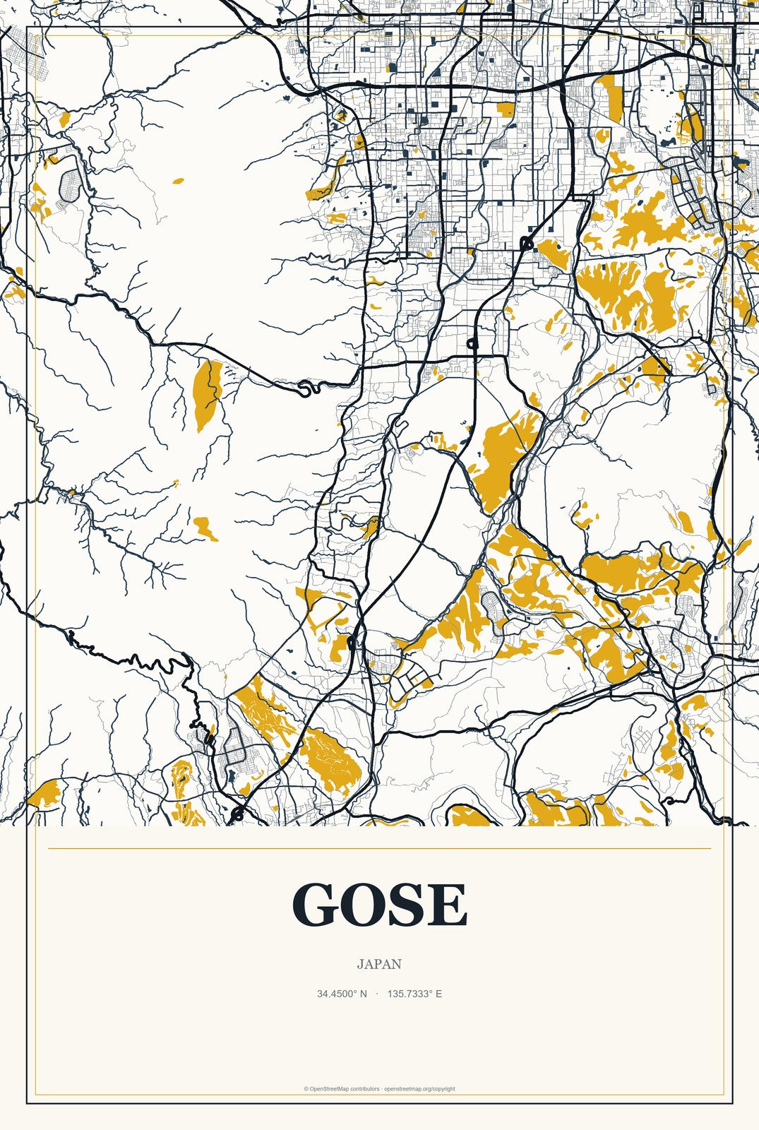 Gose, Japan City Map Aluminum Sign in Citrine Modern style