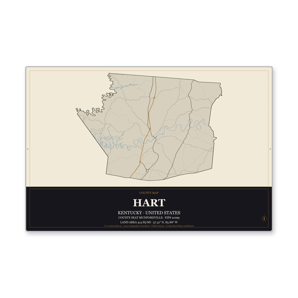 Hart County, Kentucky Map Aluminum Sign in Museum Plaque style