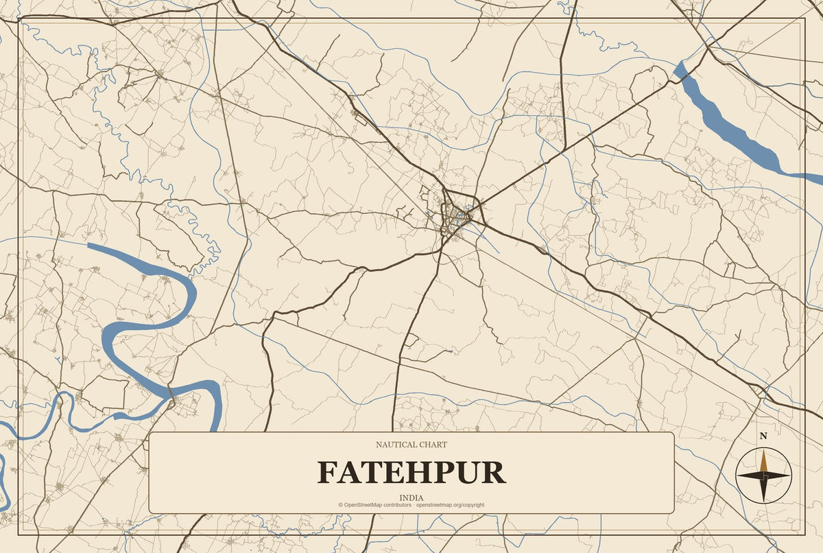 Fatehpur, Uttar Pradesh, India City Map Aluminum Sign in Heritage Nautical style