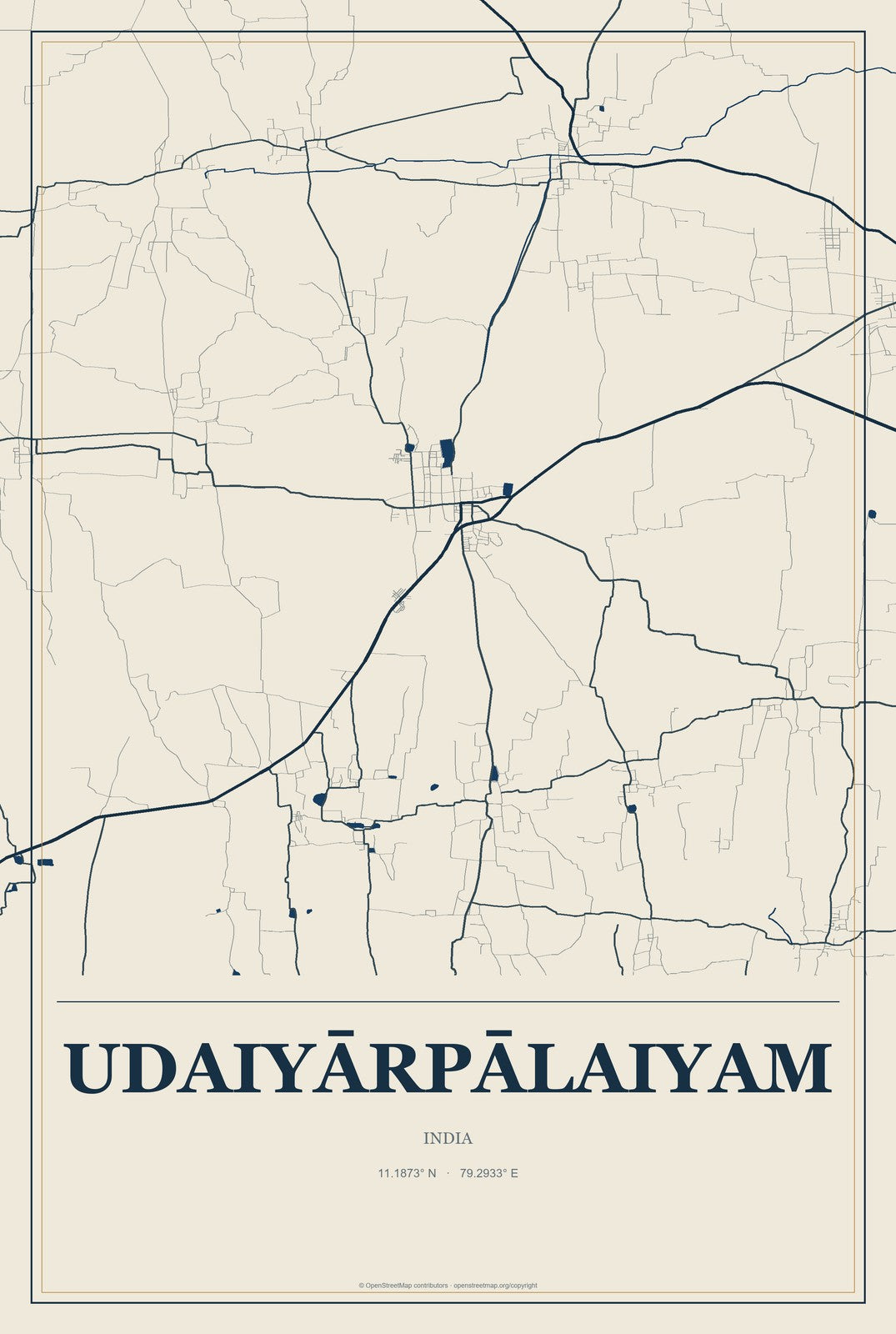 Udaiyārpālaiyam, India City Map Aluminum Sign in Coastal Cutout style