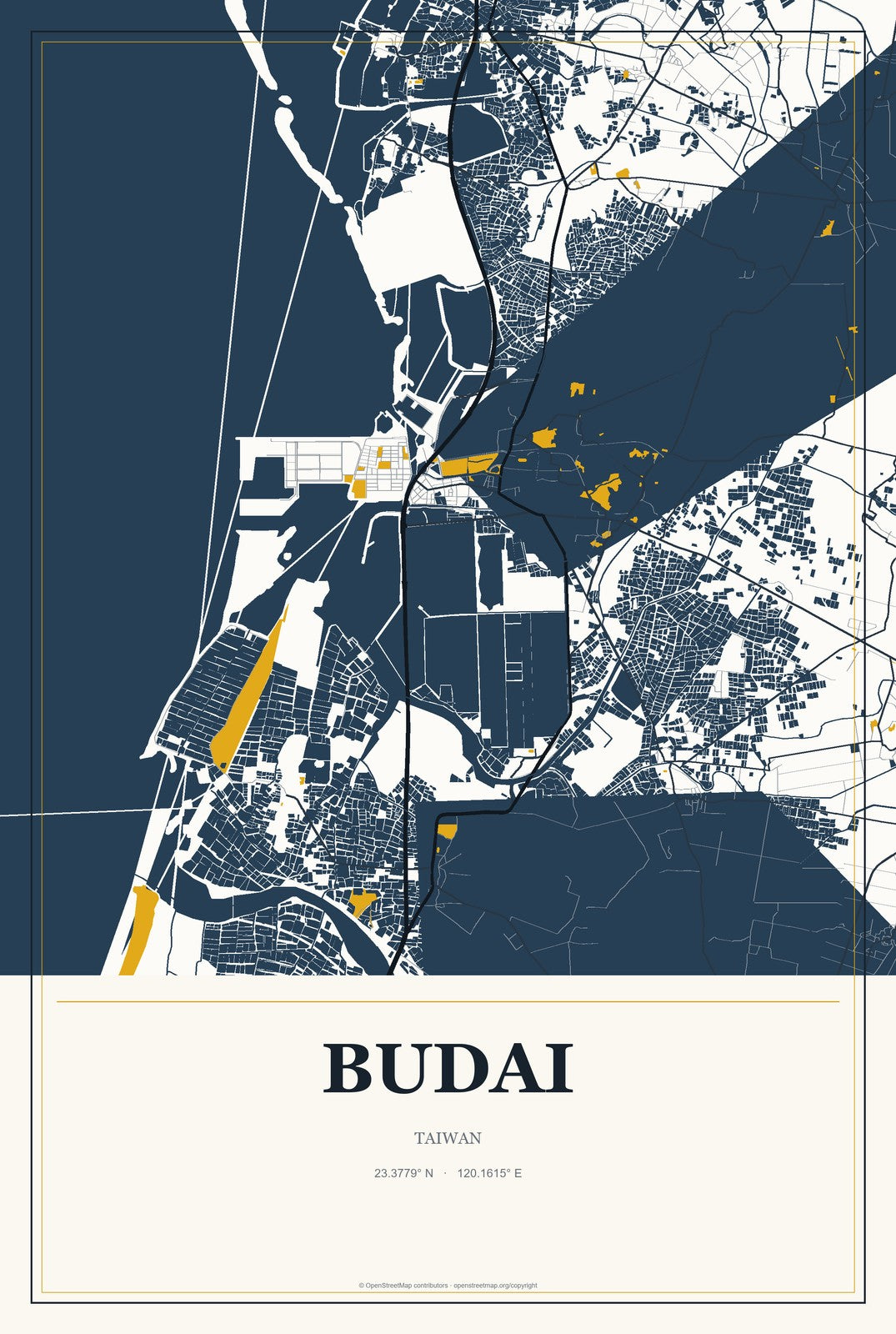 Budai, Taiwan City Map Aluminum Sign in Citrine Modern style