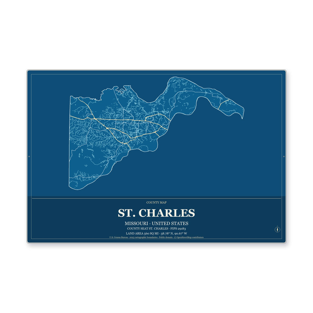 St. Charles County, Missouri Map Aluminum Sign in Harbor Cobalt style