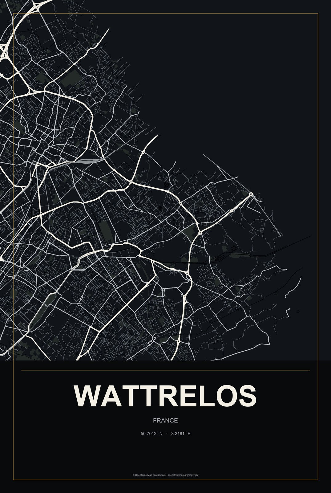Wattrelos, France City Map Aluminum Sign in Metropolitan Noir style