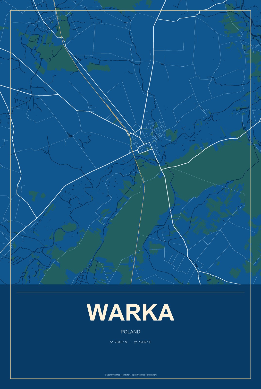 Warka, Poland City Map Aluminum Sign in Harbor Cobalt style