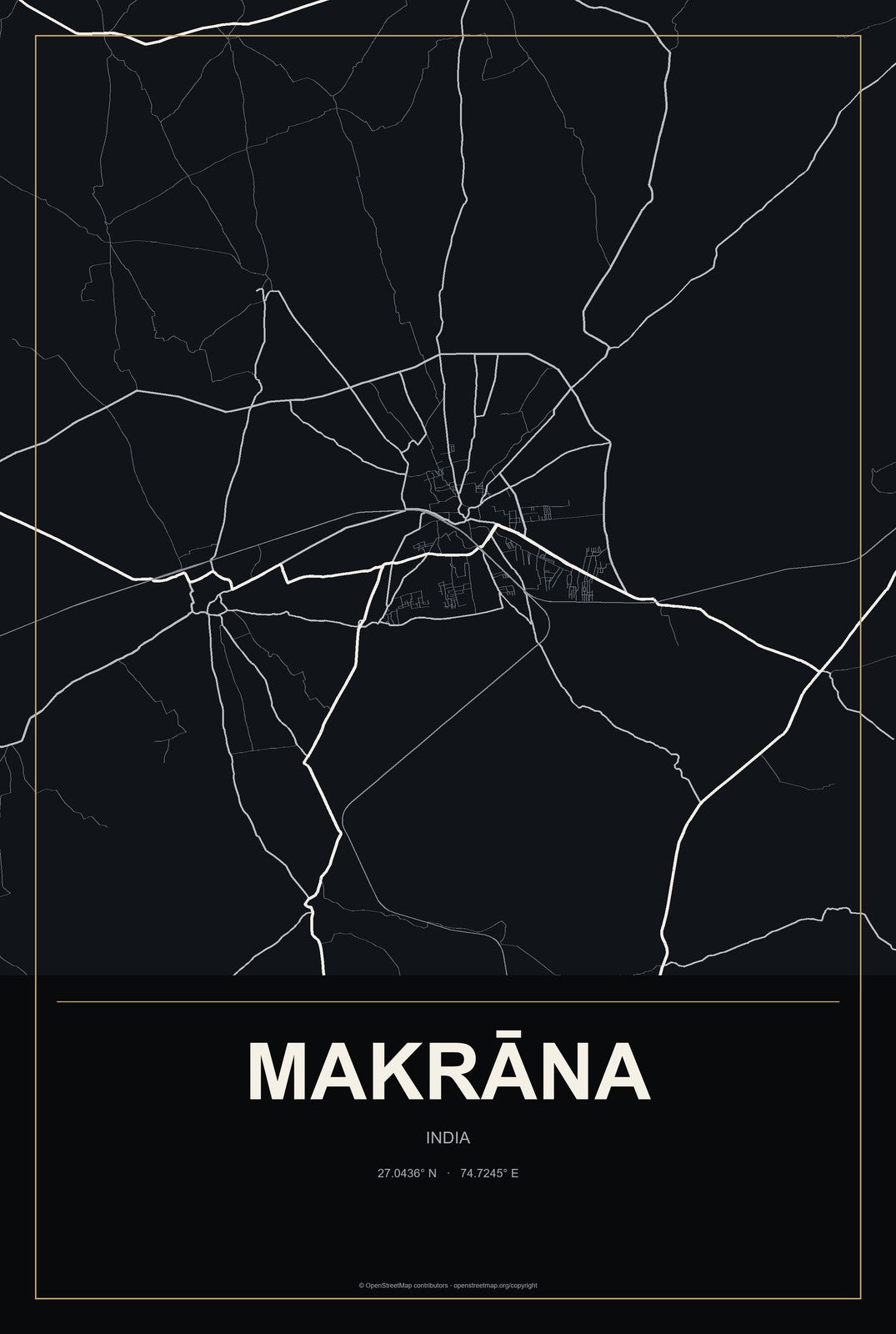 Makrāna, India City Map Aluminum Sign in Metropolitan Noir style