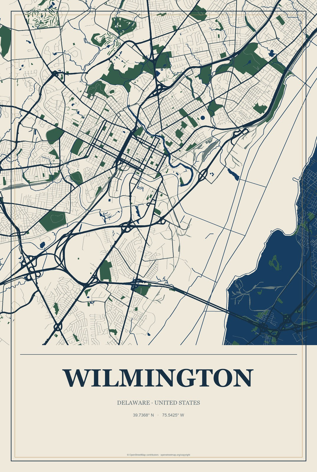 Wilmington, Delaware City Map Aluminum Sign in Coastal Cutout style