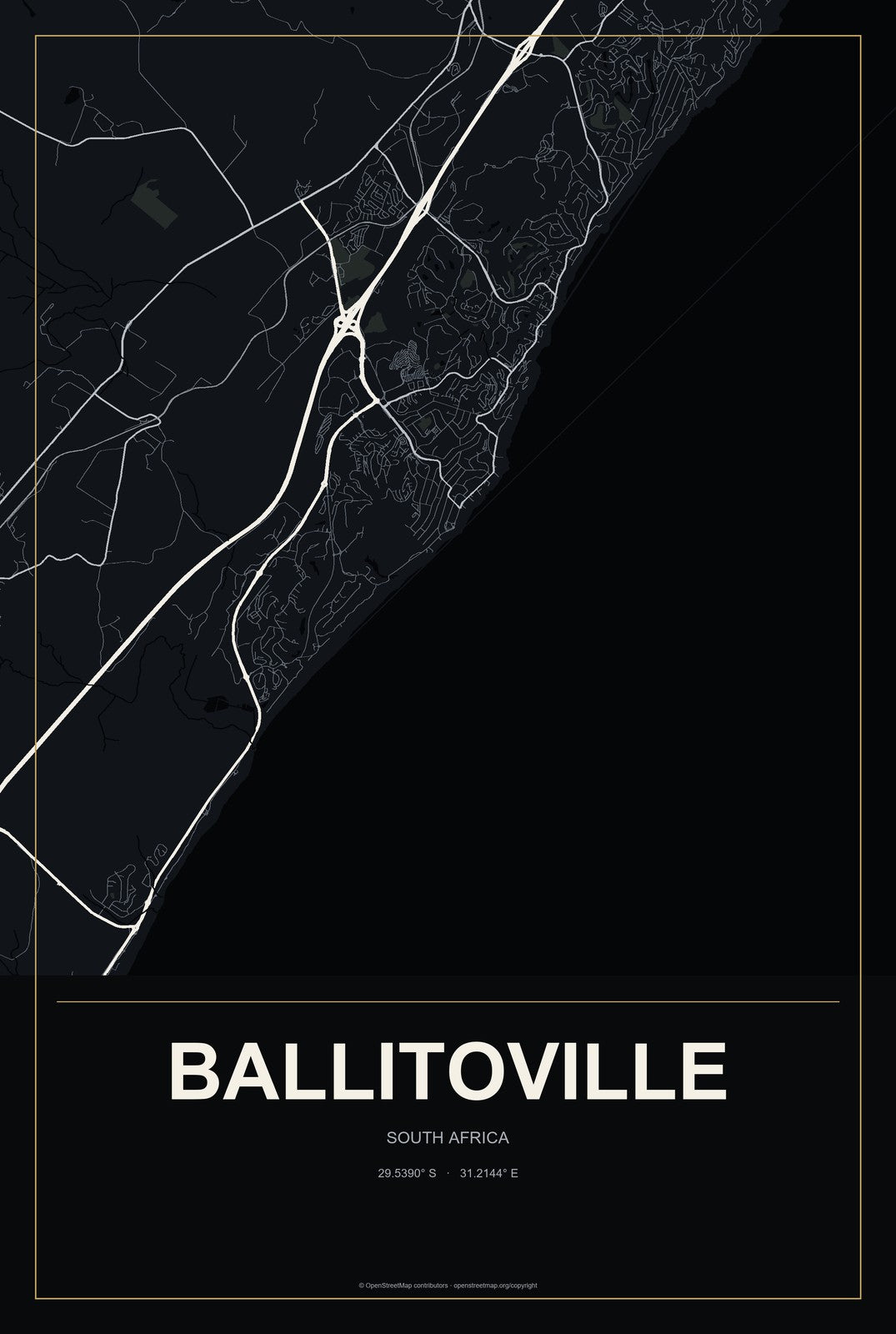 Ballitoville, South Africa City Map Aluminum Sign in Metropolitan Noir style