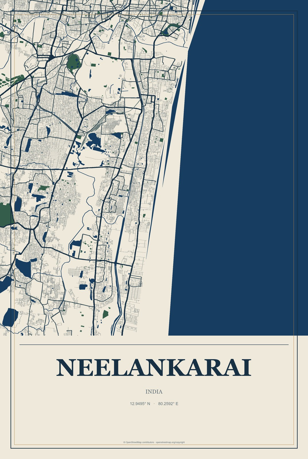 Neelankarai, India City Map Aluminum Sign in Coastal Cutout style
