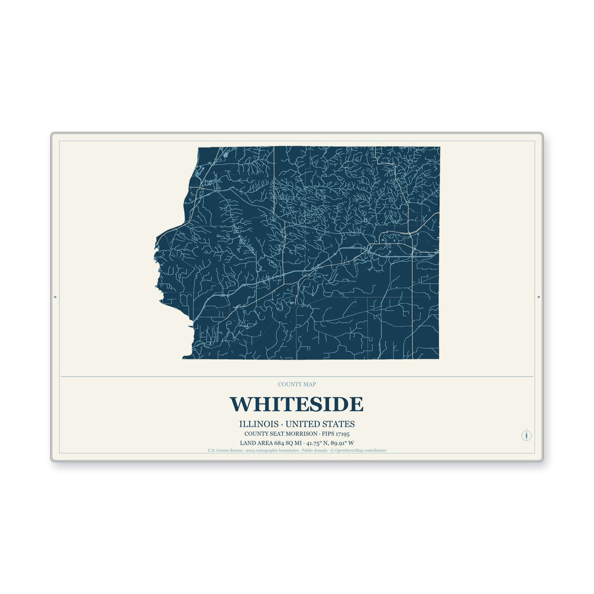 Whiteside County, Illinois Map Aluminum Sign in Coastal Cutout style