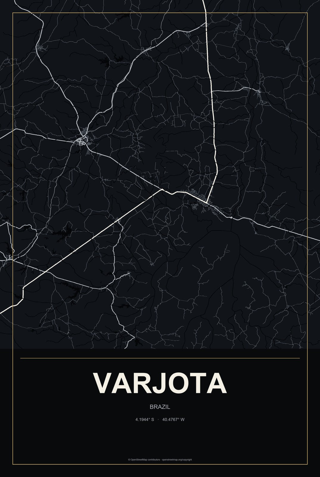 Varjota, Brazil City Map Aluminum Sign in Metropolitan Noir style