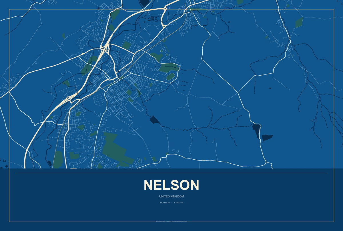 Nelson, England, United Kingdom City Map Aluminum Sign in Harbor Cobalt style