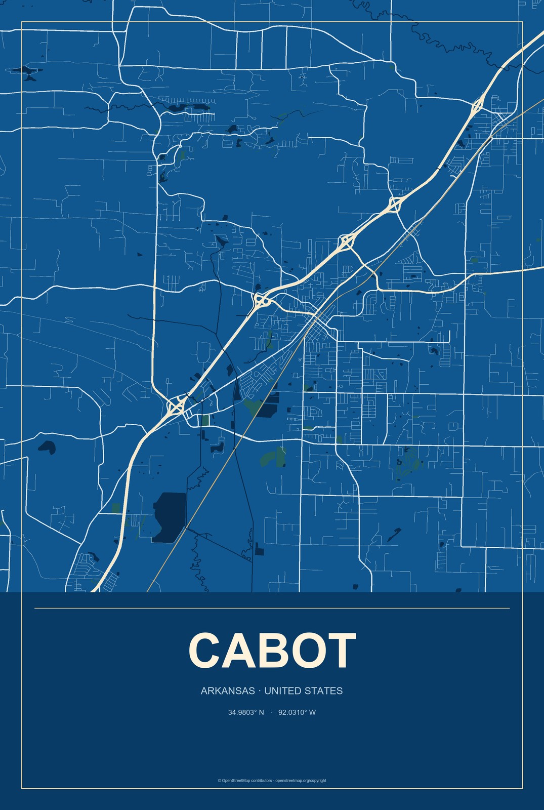 Cabot, Arkansas City Map Aluminum Sign in Harbor Cobalt style