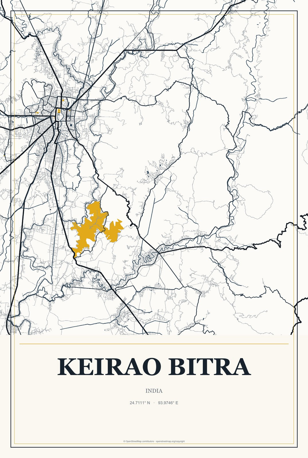 Keirao Bitra, India City Map Aluminum Sign in Citrine Modern style