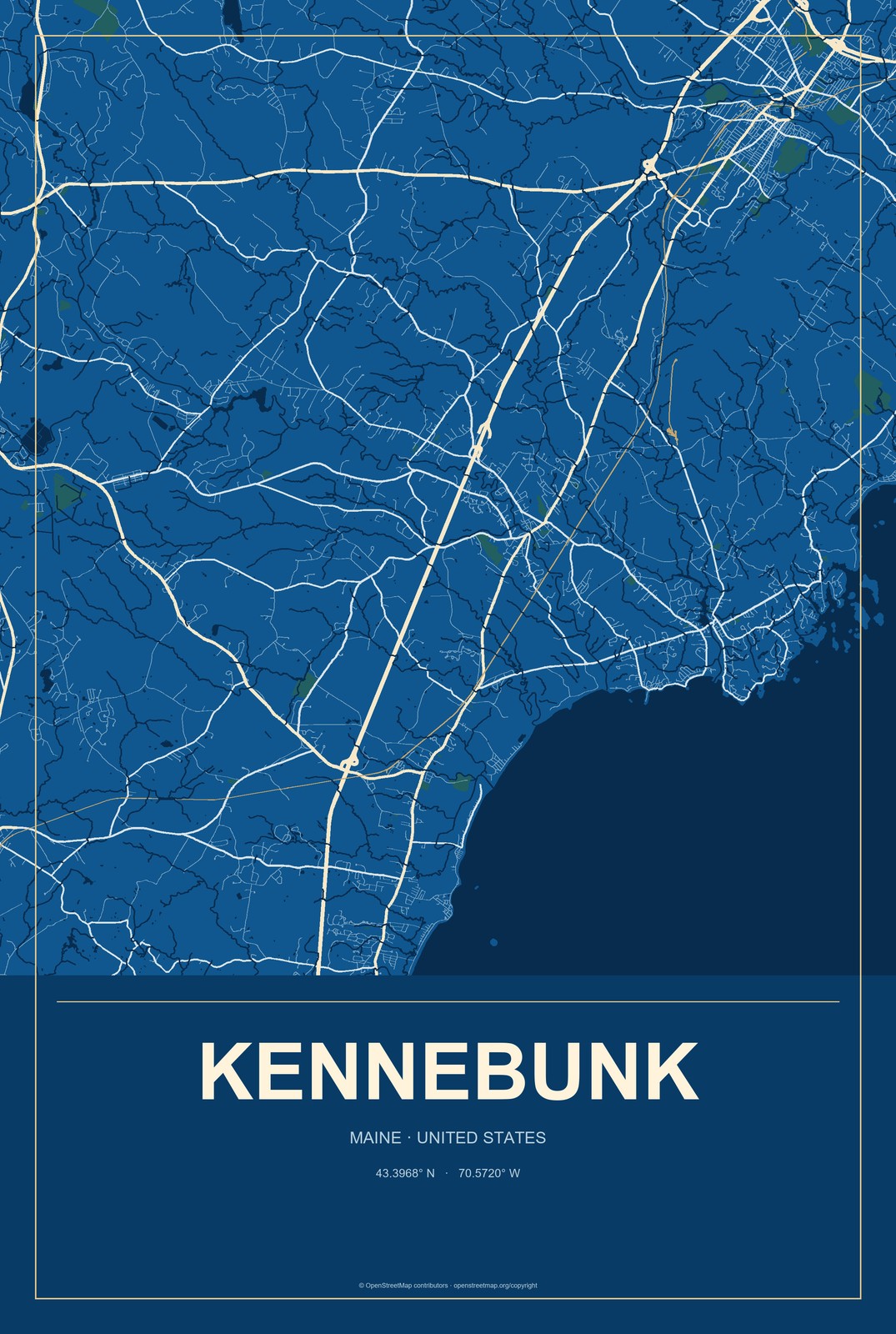 Kennebunk, Maine City Map Aluminum Sign in Harbor Cobalt style