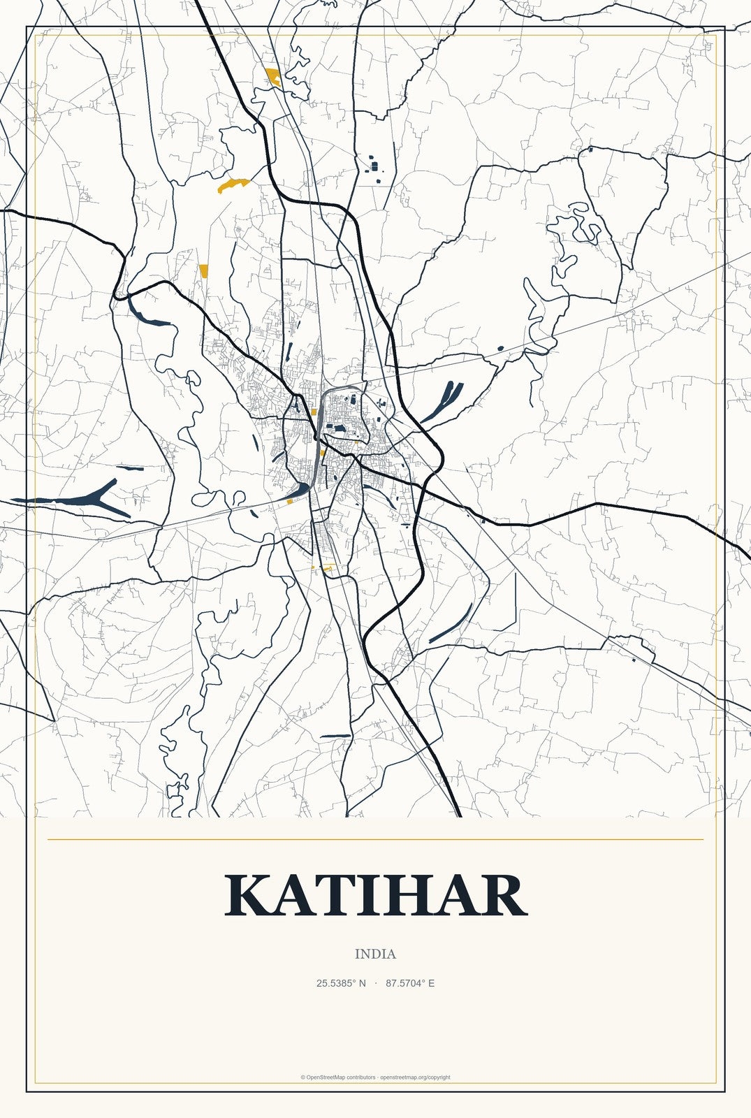 Katihar, India City Map Aluminum Sign in Citrine Modern style