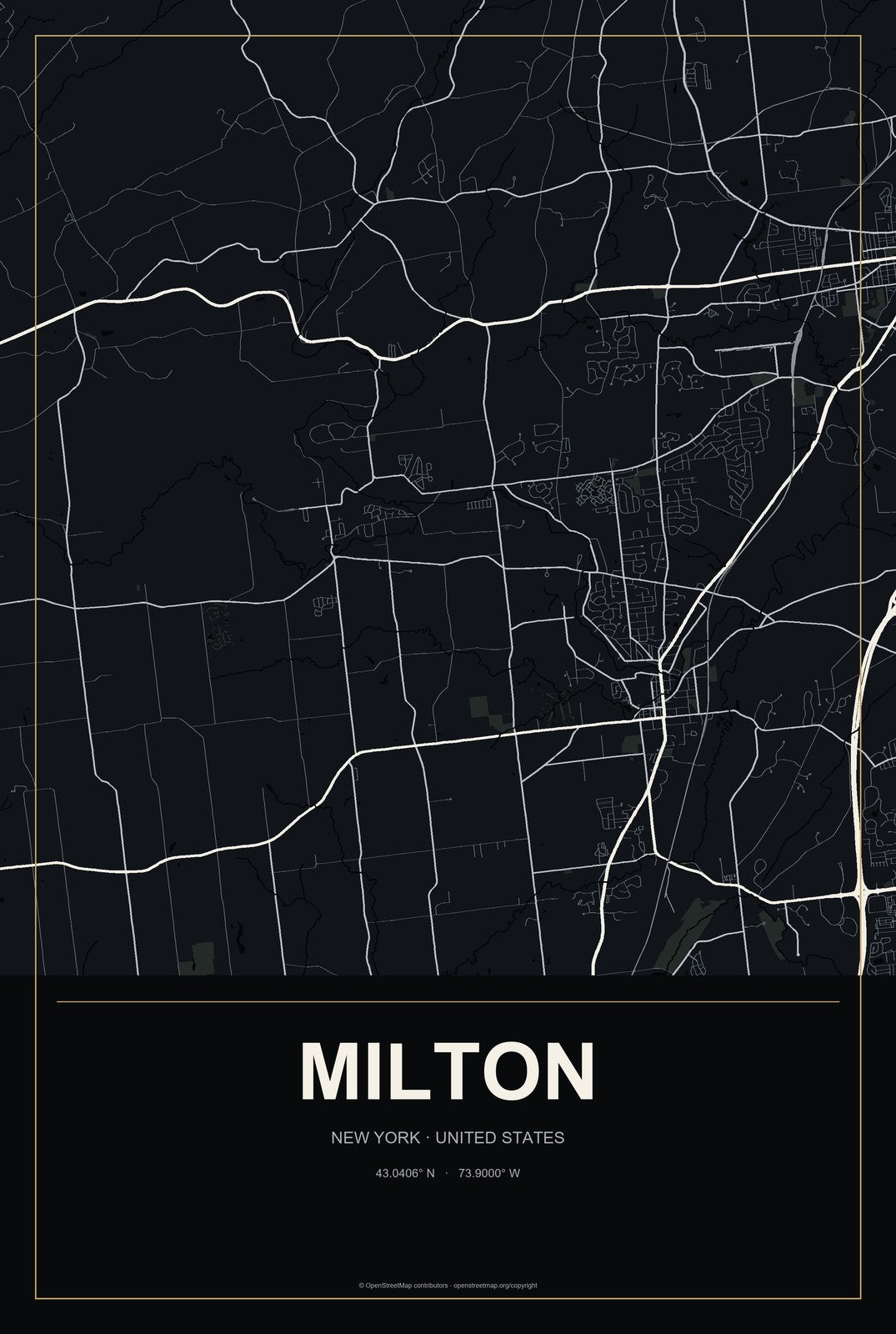 Milton, New York City Map Aluminum Sign in Metropolitan Noir style
