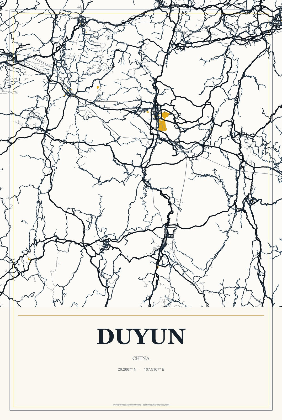 Duyun, China City Map Aluminum Sign in Citrine Modern style