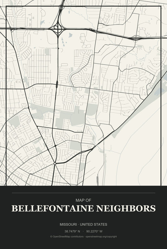 Bellefontaine Neighbors, Missouri City Map Aluminum Sign in Museum Plaque style