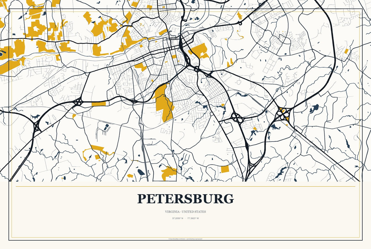 Petersburg, Virginia City Map Aluminum Sign in Citrine Modern style