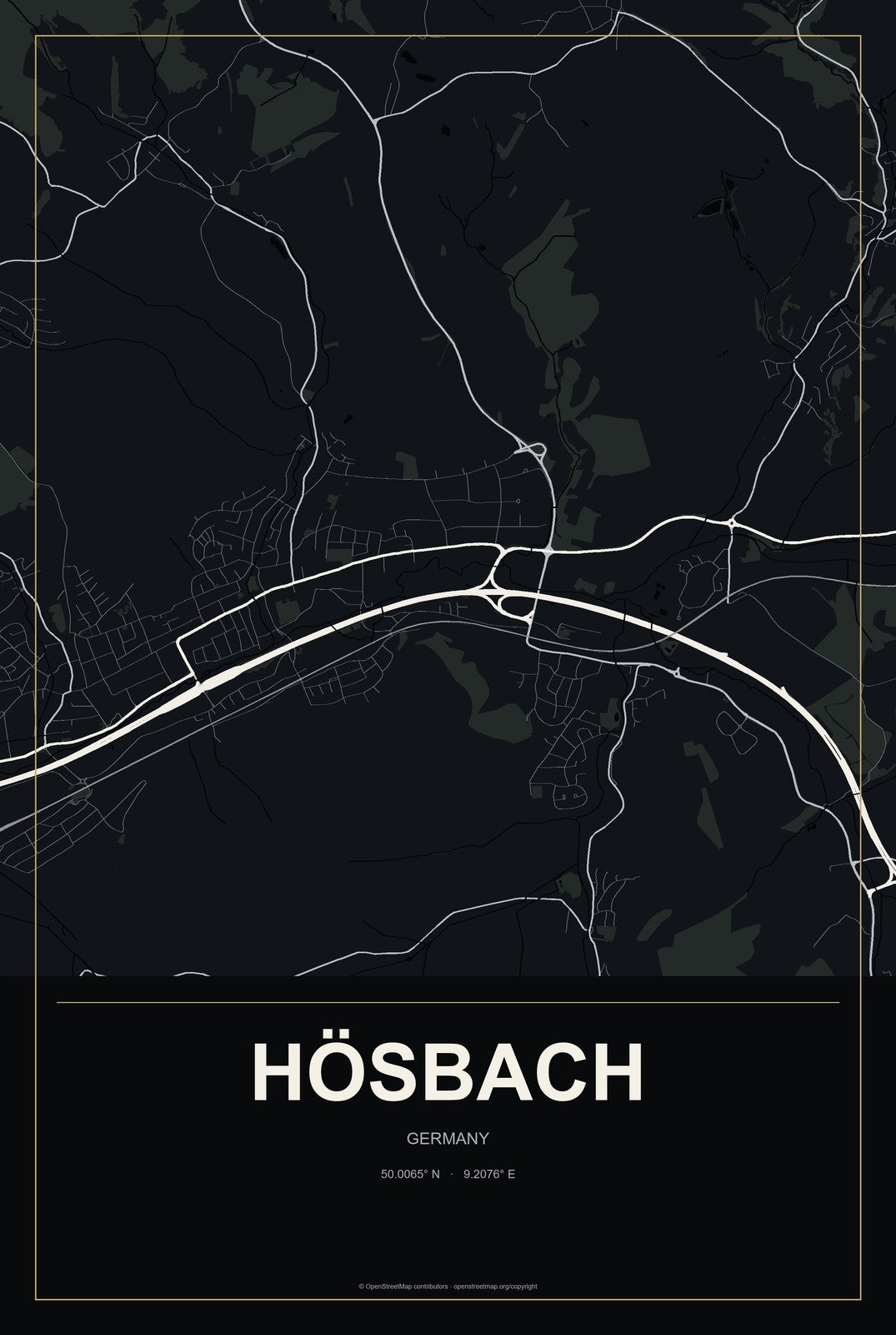 Hösbach, Germany City Map Aluminum Sign in Metropolitan Noir style