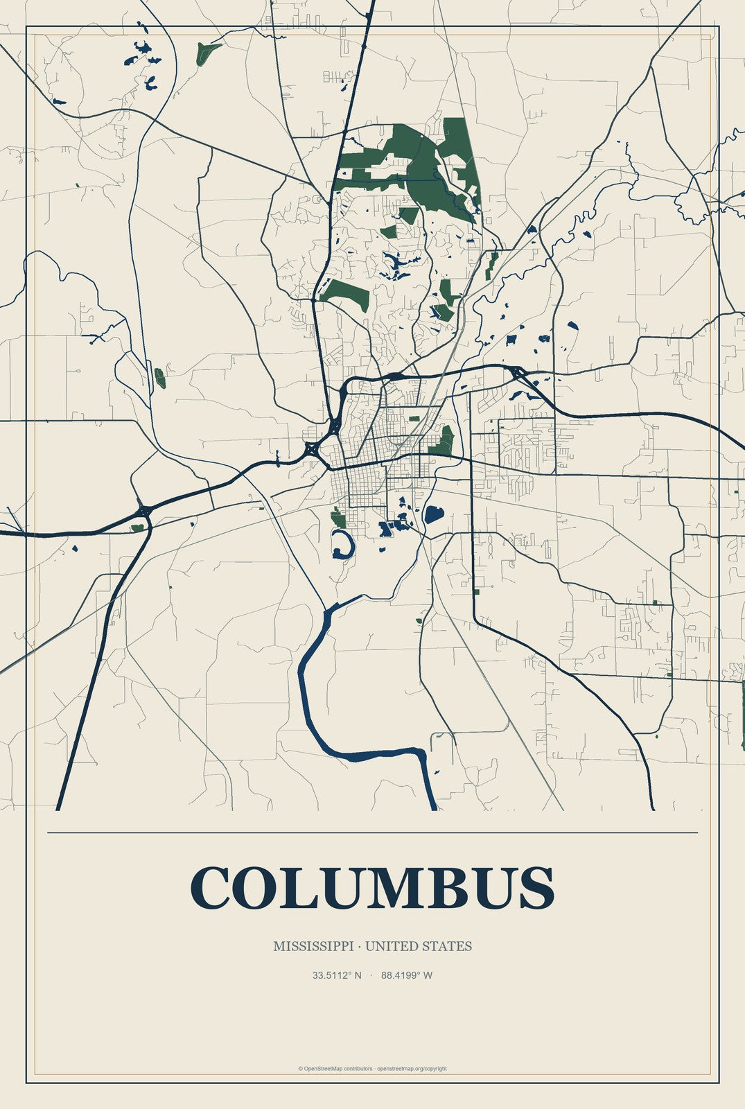Columbus, Mississippi City Map Aluminum Sign in Coastal Cutout style