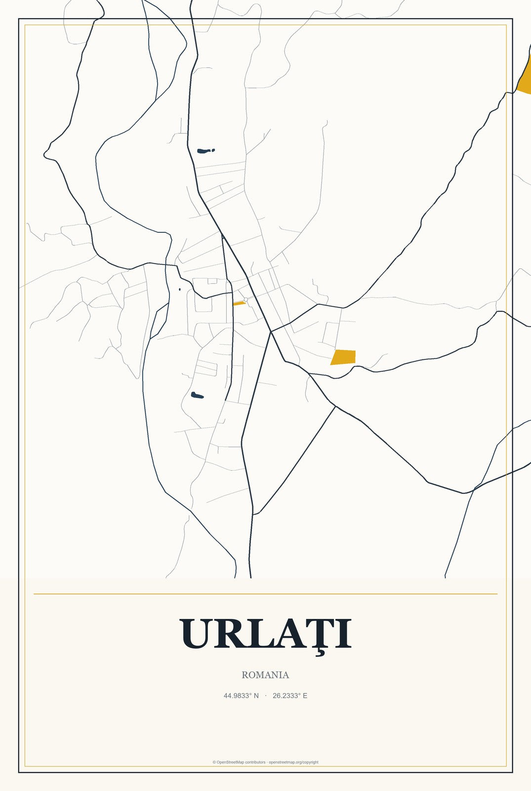 Urlaţi, Romania City Map Aluminum Sign in Citrine Modern style