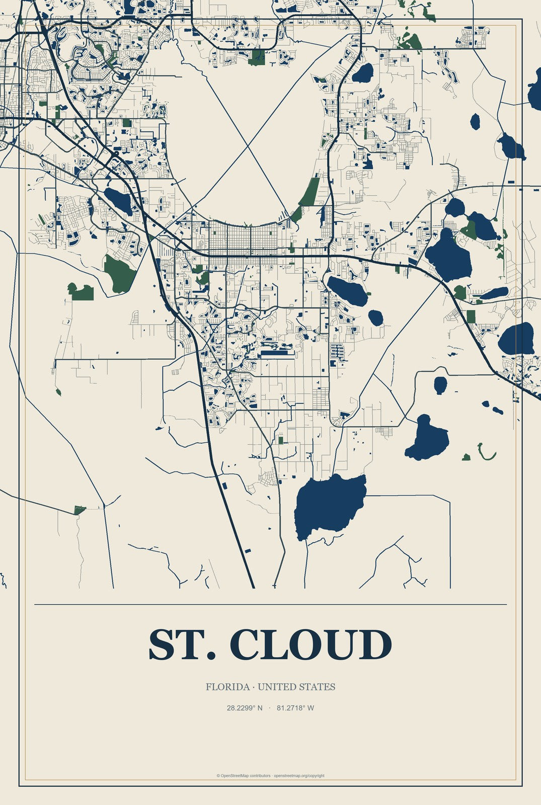 St. Cloud, Florida City Map Aluminum Sign in Coastal Cutout style