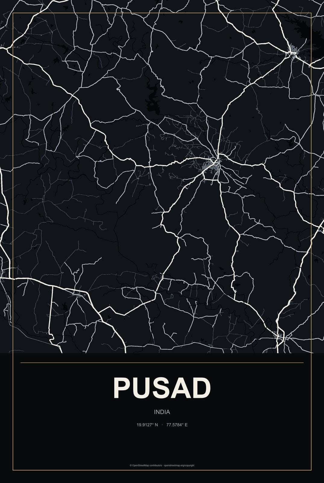 Pusad, India City Map Aluminum Sign in Metropolitan Noir style