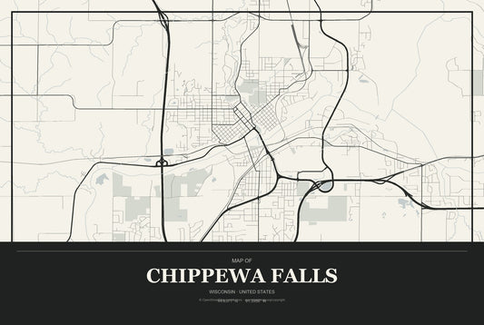 Chippewa Falls, Wisconsin City Map Aluminum Sign in Museum Plaque style
