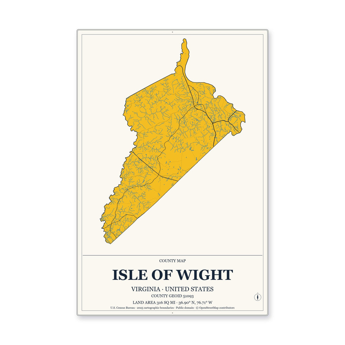 Isle of Wight County, Virginia Map Aluminum Sign in Citrine Modern style